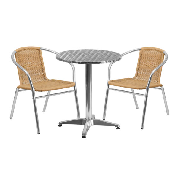 Wholesale 23.5'' Round Aluminum Indoor-Outdoor Table Set with 2 Beige Rattan Chairs