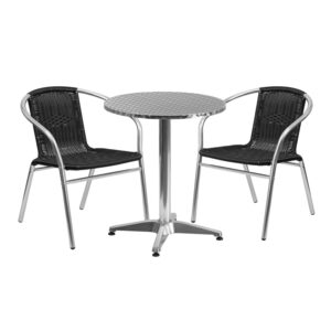 Wholesale 23.5'' Round Aluminum Indoor-Outdoor Table Set with 2 Black Rattan Chairs
