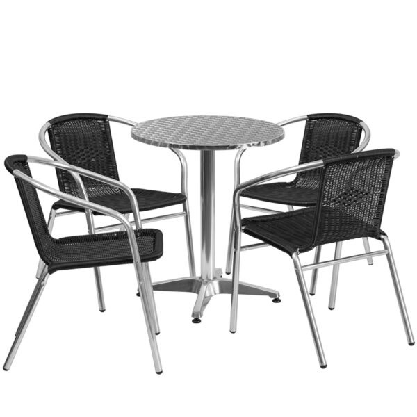 Wholesale 23.5'' Round Aluminum Indoor-Outdoor Table Set with 4 Black Rattan Chairs