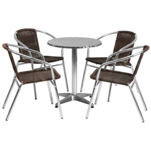 Wholesale 23.5'' Round Aluminum Indoor-Outdoor Table Set with 4 Dark Brown Rattan Chairs