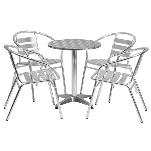 Wholesale 23.5'' Round Aluminum Indoor-Outdoor Table Set with 4 Slat Back Chairs