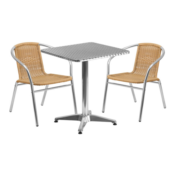 Wholesale 23.5'' Square Aluminum Indoor-Outdoor Table Set with 2 Beige Rattan Chairs