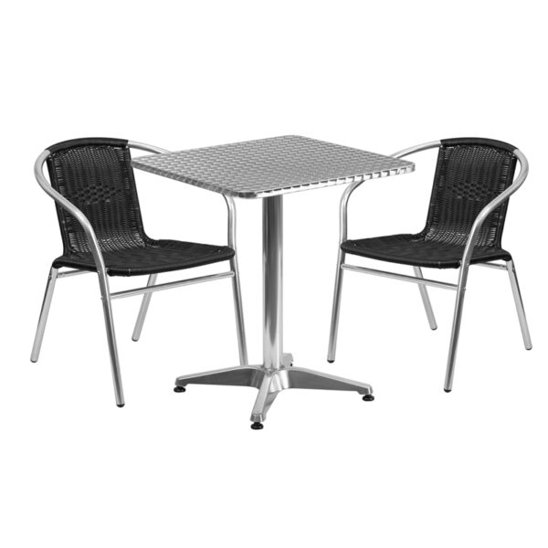 Wholesale 23.5'' Square Aluminum Indoor-Outdoor Table Set with 2 Black Rattan Chairs