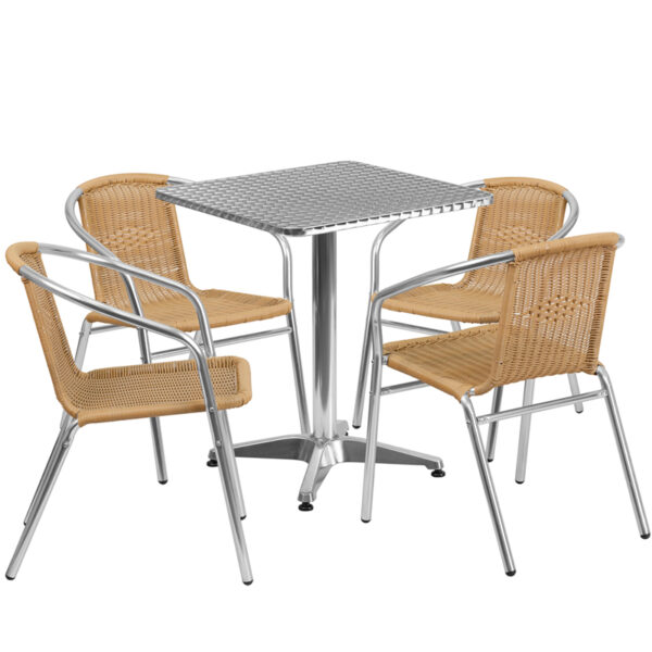 Wholesale 23.5'' Square Aluminum Indoor-Outdoor Table Set with 4 Beige Rattan Chairs