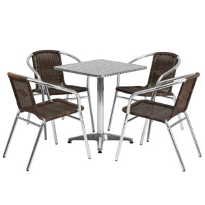 Wholesale 23.5'' Square Aluminum Indoor-Outdoor Table Set with 4 Dark Brown Rattan Chairs