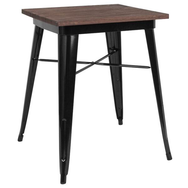 Wholesale 23.5" Square Black Metal Indoor Table with Walnut Rustic Wood Top