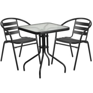 Wholesale 23.5'' Square Glass Metal Table with 2 Black Metal Aluminum Slat Stack Chairs