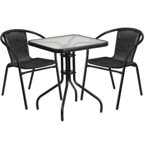 Wholesale 23.5'' Square Glass Metal Table with 2 Black Rattan Stack Chairs