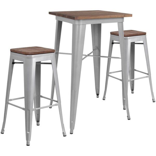 Wholesale 23.5" Square Silver Metal Bar Table Set with Wood Top and 2 Backless Stools