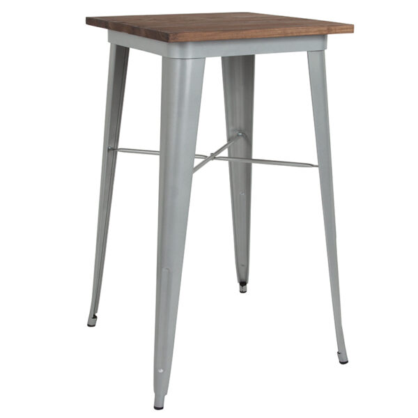 Wholesale 23.5" Square Silver Metal Indoor Bar Height Table with Walnut Rustic Wood Top