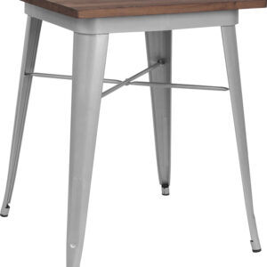 Wholesale 23.5" Square Silver Metal Indoor Table with Walnut Rustic Wood Top