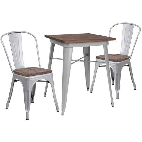 Wholesale 23.5" Square Silver Metal Table Set with Wood Top and 2 Stack Chairs