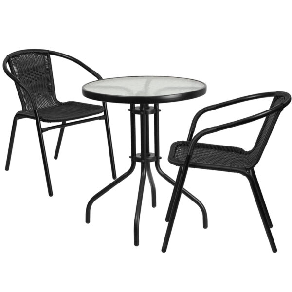 Wholesale 23.75'' Round Glass Metal Table with 2 Black Rattan Stack Chairs