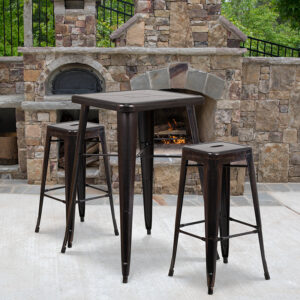 Wholesale 23.75'' Square Black-Antique Gold Metal Indoor-Outdoor Bar Table Set with 2 Square Seat Backless Stools