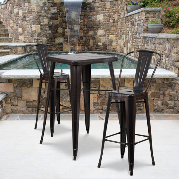 Wholesale 23.75'' Square Black-Antique Gold Metal Indoor-Outdoor Bar Table Set with 2 Stools with Backs