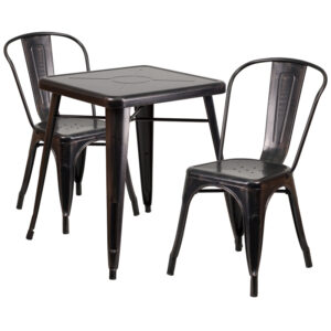 Wholesale 23.75'' Square Black-Antique Gold Metal Indoor-Outdoor Table Set with 2 Stack Chairs