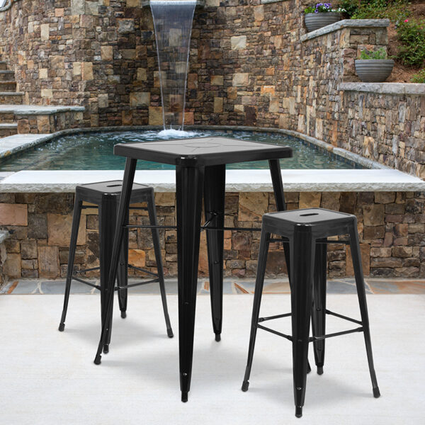 Wholesale 23.75'' Square Black Metal Indoor-Outdoor Bar Table Set with 2 Square Seat Backless Stools