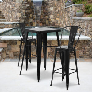 Wholesale 23.75'' Square Black Metal Indoor-Outdoor Bar Table Set with 2 Stools with Backs