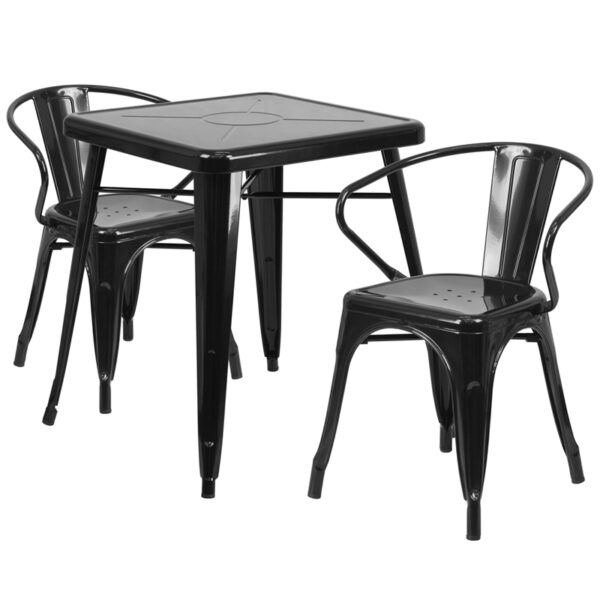 Wholesale 23.75'' Square Black Metal Indoor-Outdoor Table Set with 2 Arm Chairs