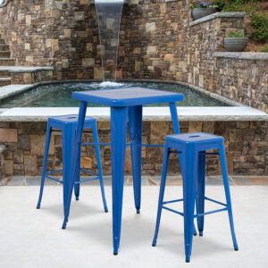 Wholesale 23.75'' Square Blue Metal Indoor-Outdoor Bar Table Set with 2 Square Seat Backless Stools