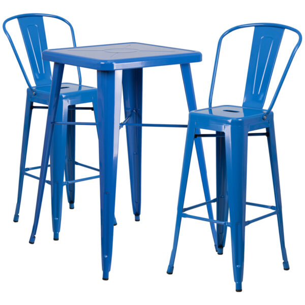 Lowest Price 23.75'' Square Blue Metal Indoor-Outdoor Bar Table Set with 2 Stools with Backs
