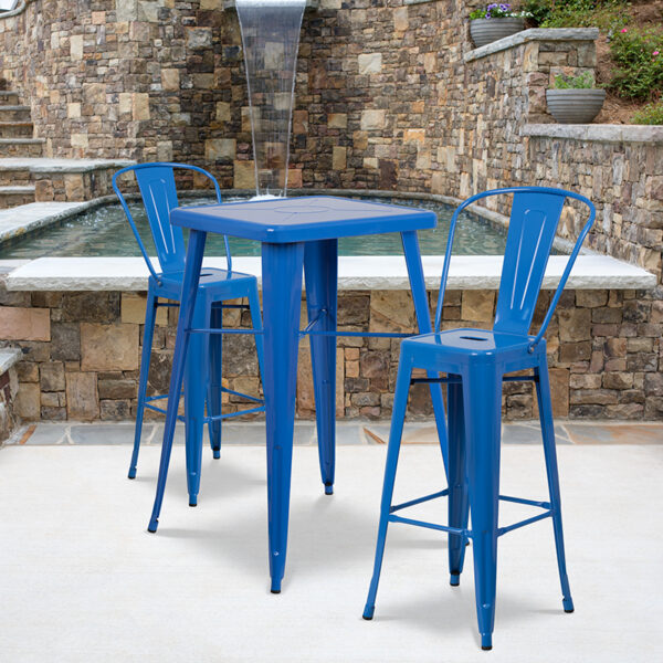 Wholesale 23.75'' Square Blue Metal Indoor-Outdoor Bar Table Set with 2 Stools with Backs