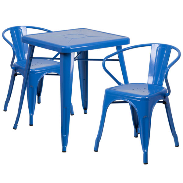 Wholesale 23.75'' Square Blue Metal Indoor-Outdoor Table Set with 2 Arm Chairs
