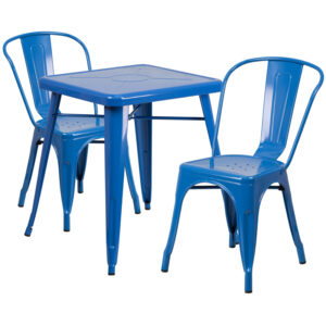 Wholesale 23.75'' Square Blue Metal Indoor-Outdoor Table Set with 2 Stack Chairs