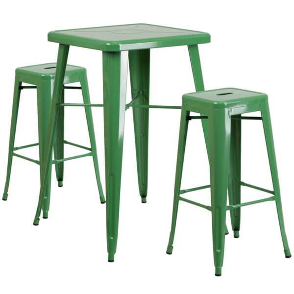 Lowest Price 23.75'' Square Green Metal Indoor-Outdoor Bar Table Set with 2 Square Seat Backless Stools