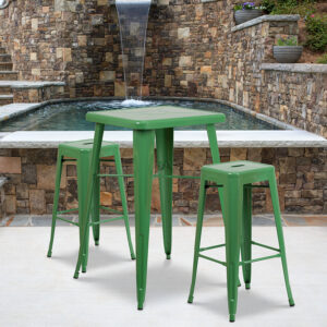 Wholesale 23.75'' Square Green Metal Indoor-Outdoor Bar Table Set with 2 Square Seat Backless Stools