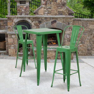 Wholesale 23.75'' Square Green Metal Indoor-Outdoor Bar Table Set with 2 Stools with Backs