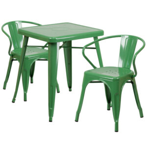 Wholesale 23.75'' Square Green Metal Indoor-Outdoor Table Set with 2 Arm Chairs