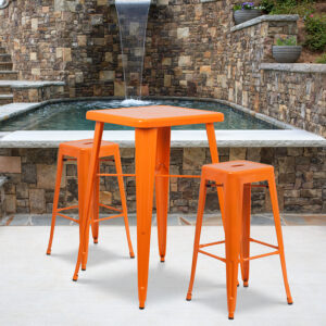 Wholesale 23.75'' Square Orange Metal Indoor-Outdoor Bar Table Set with 2 Square Seat Backless Stools