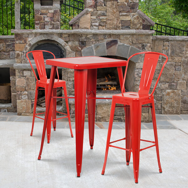 Wholesale 23.75'' Square Red Metal Indoor-Outdoor Bar Table Set with 2 Stools with Backs
