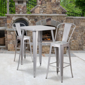 Wholesale 23.75'' Square Silver Metal Indoor-Outdoor Bar Table Set with 2 Stools with Backs