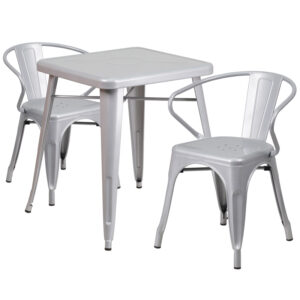 Wholesale 23.75'' Square Silver Metal Indoor-Outdoor Table Set with 2 Arm Chairs