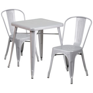 Wholesale 23.75'' Square Silver Metal Indoor-Outdoor Table Set with 2 Stack Chairs