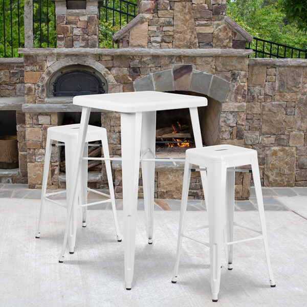 Wholesale 23.75'' Square White Metal Indoor-Outdoor Bar Table Set with 2 Square Seat Backless Stools