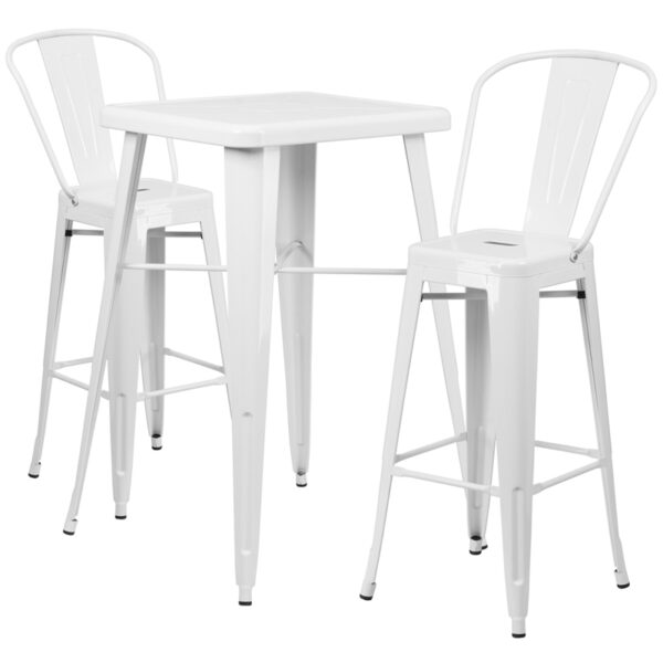 Lowest Price 23.75'' Square White Metal Indoor-Outdoor Bar Table Set with 2 Stools with Backs
