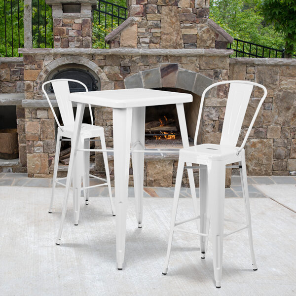 Wholesale 23.75'' Square White Metal Indoor-Outdoor Bar Table Set with 2 Stools with Backs