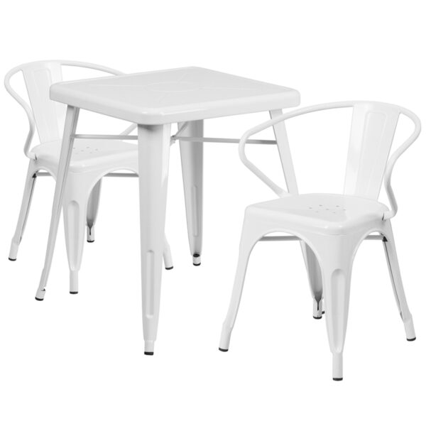 Wholesale 23.75'' Square White Metal Indoor-Outdoor Table Set with 2 Arm Chairs