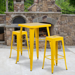 Wholesale 23.75'' Square Yellow Metal Indoor-Outdoor Bar Table Set with 2 Square Seat Backless Stools