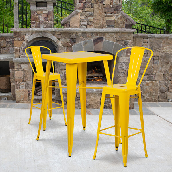 Wholesale 23.75'' Square Yellow Metal Indoor-Outdoor Bar Table Set with 2 Stools with Backs