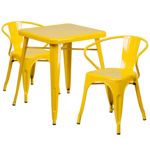 Wholesale 23.75'' Square Yellow Metal Indoor-Outdoor Table Set with 2 Arm Chairs