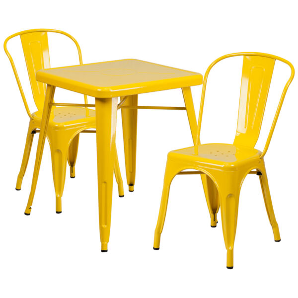 Wholesale 23.75'' Square Yellow Metal Indoor-Outdoor Table Set with 2 Stack Chairs