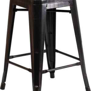 Wholesale 24" High Backless Black-Antique Gold Metal Counter Height Stool with Square Wood Seat