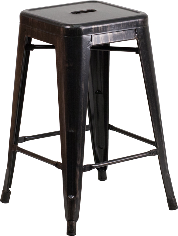 Wholesale 24'' High Backless Black-Antique Gold Metal Indoor-Outdoor Counter Height Stool with Square Seat
