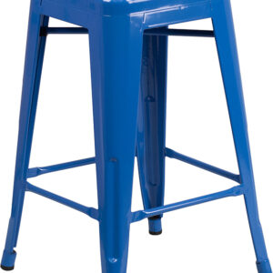 Wholesale 24" High Backless Blue Metal Counter Height Stool with Square Wood Seat
