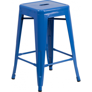 Wholesale 24'' High Backless Blue Metal Indoor-Outdoor Counter Height Stool with Square Seat
