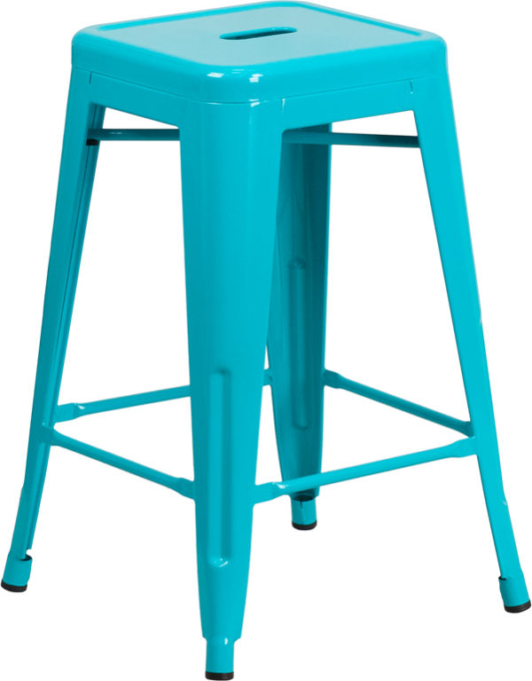 Wholesale 24'' High Backless Crystal Teal-Blue Indoor-Outdoor Counter Height Stool